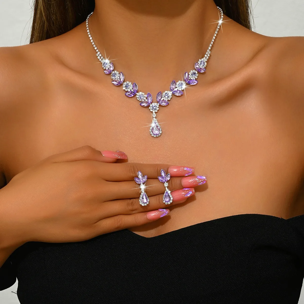 Black White Crystal Jewelry Set Women Wedding Party Necklace Earrings Set Fashion Rhinestone Leaf Teardrop Pendant Bridal Access