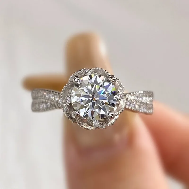 

DWJ 1 карат муассанит фонтан роза кольца для женщин настоящее серебро 925 пробы пасьянс бриллианты обручальные ювелирные украшения