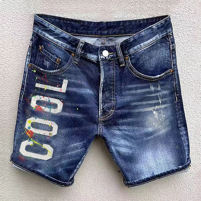 

Summer Stretch Jorts Men's Paint Splatter Letter Print Jean Shorts Y2K Streetwear Hip Hop Straight Leg Knee Length Jeans