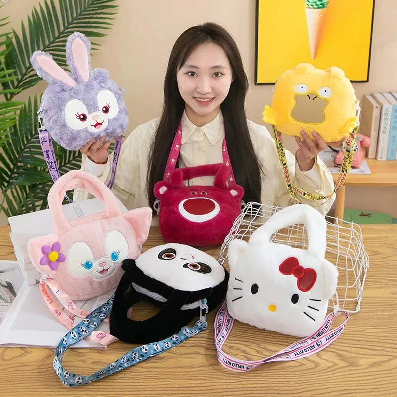 MINISO Disney Inspired Kawaii Plush Crossbody Bag Stitch Winnie Pooh Minnie Mouse Linabell Soft Cartoon Furry Shoulder Bag New