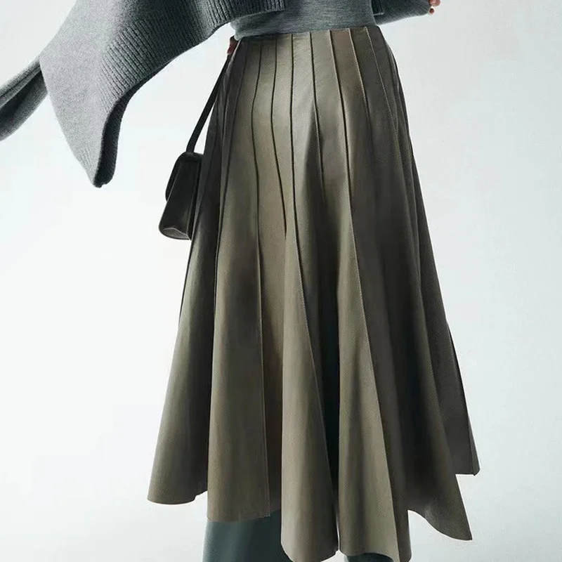 Charming Pleated Long Skirt Women Harajuk 100% Leather Sheepskin Patchwork Faldas Female Slim Jupe  Women Clothing
