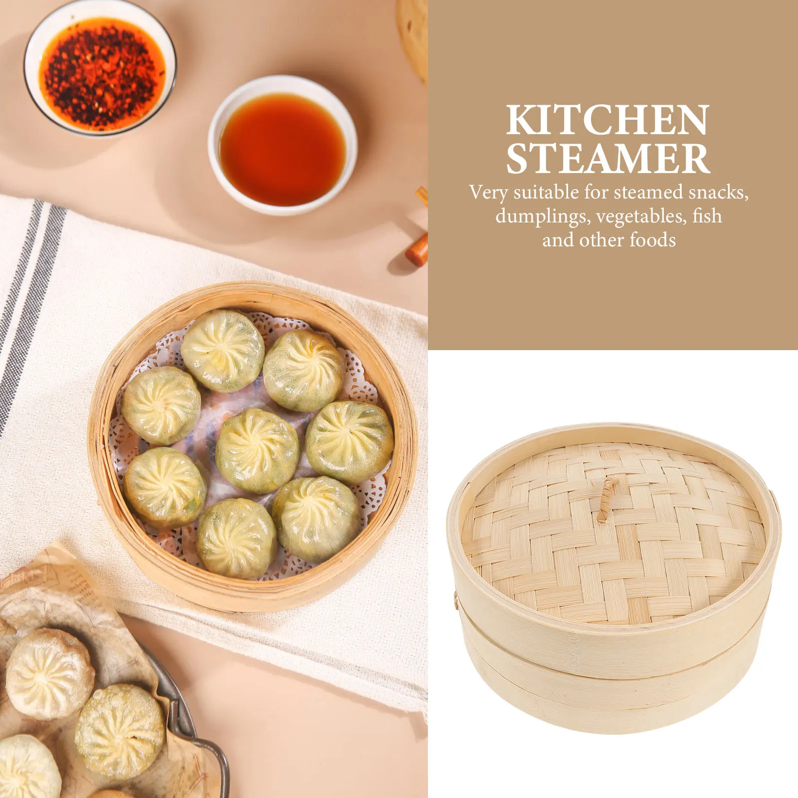 

3pcs Bamboo Steamer Basket Lid Set Kitchen Accessories High Temperature Resistant for Steaming Buns Dumplings Rice Eggs