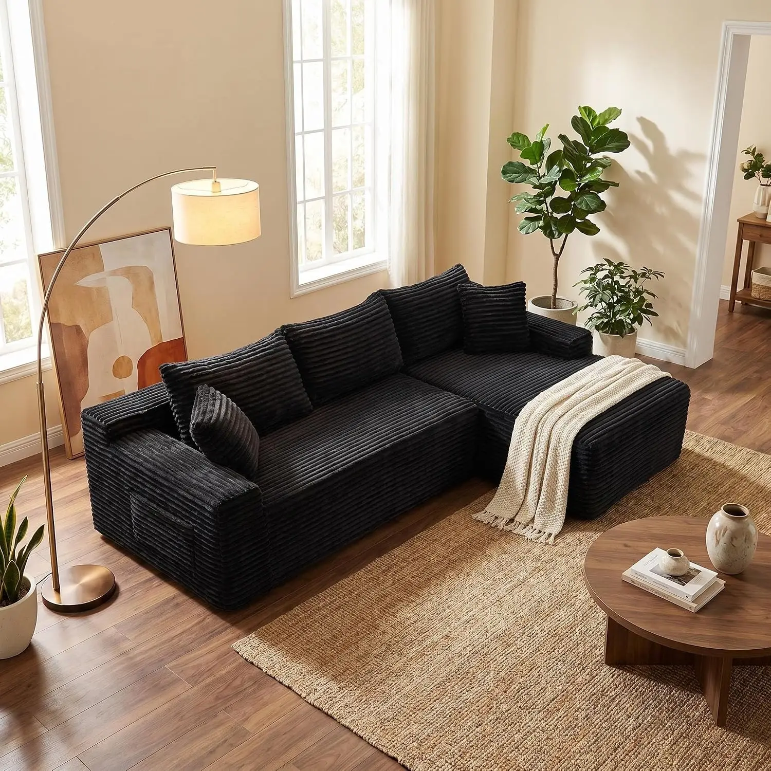 95 Inch L Shaped Cloud Sectional Couch Right Facing Modular Compressed Boneless Sectional Sofa Chaise Lounge Plush Corduroy Corn
