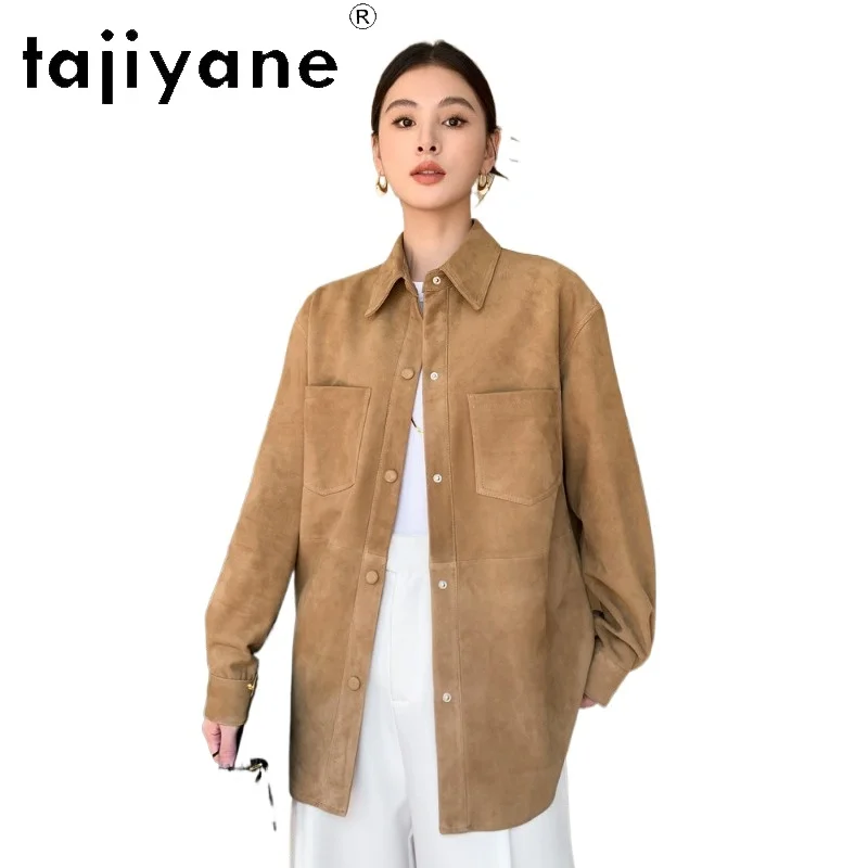TAJIYANE Mid‑Length Genuine Leather Jacket Woman Suede Sheepskin Vintage Shirt Coats Loose Casual Coat 2026 Women Clothing 가죽자켓