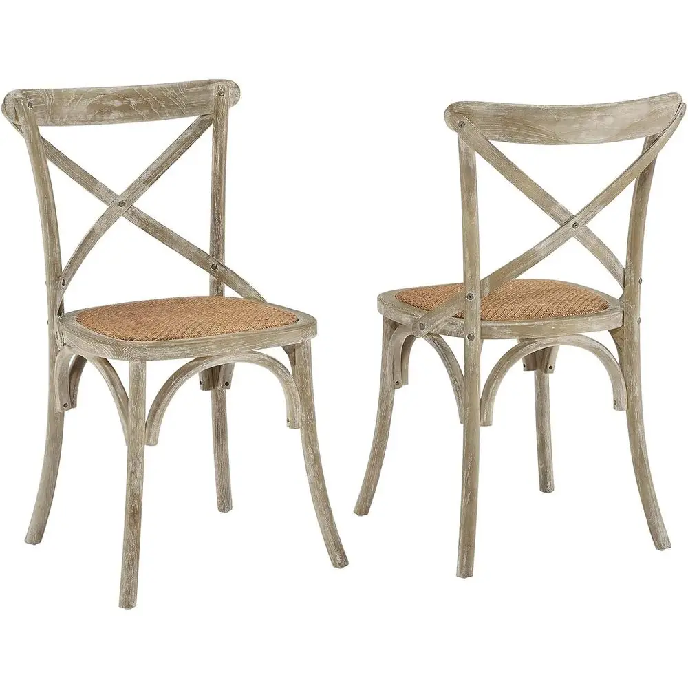 

Деревянные обеденные стулья из вяза и ротанга в деревенском стиле, серые, на двоих