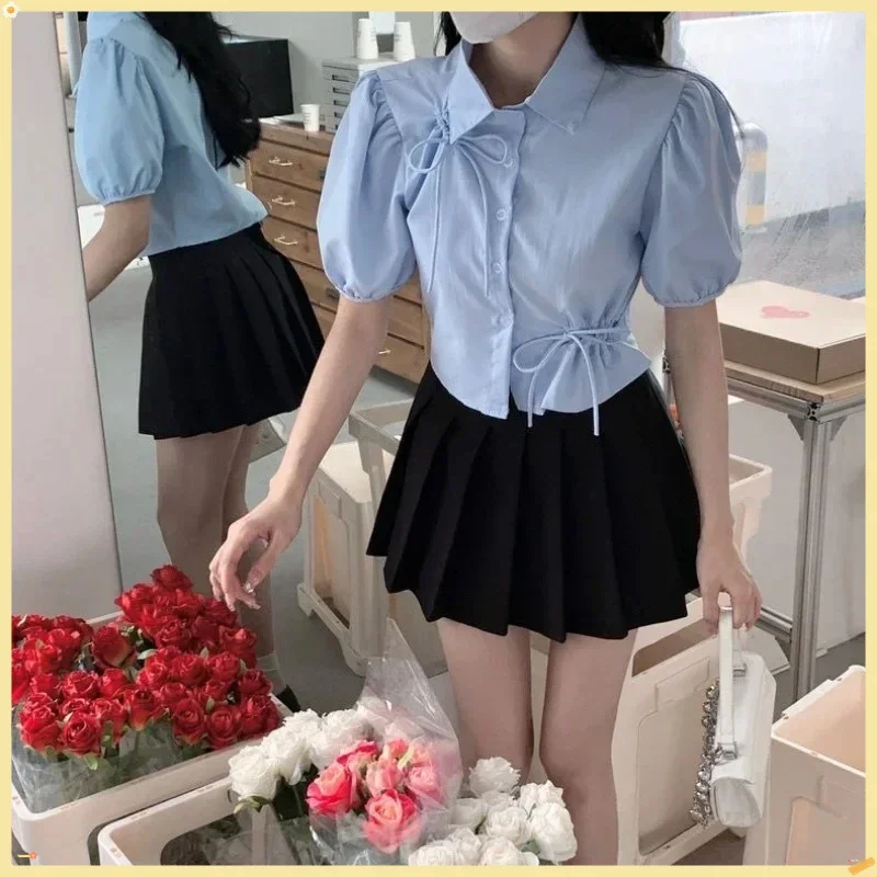 

2025 Must-Have! Women's Puff Sleeve Blouse - Bow-Embellished Crop Top | Hollow Out, Chic Vintage Summer Shirts