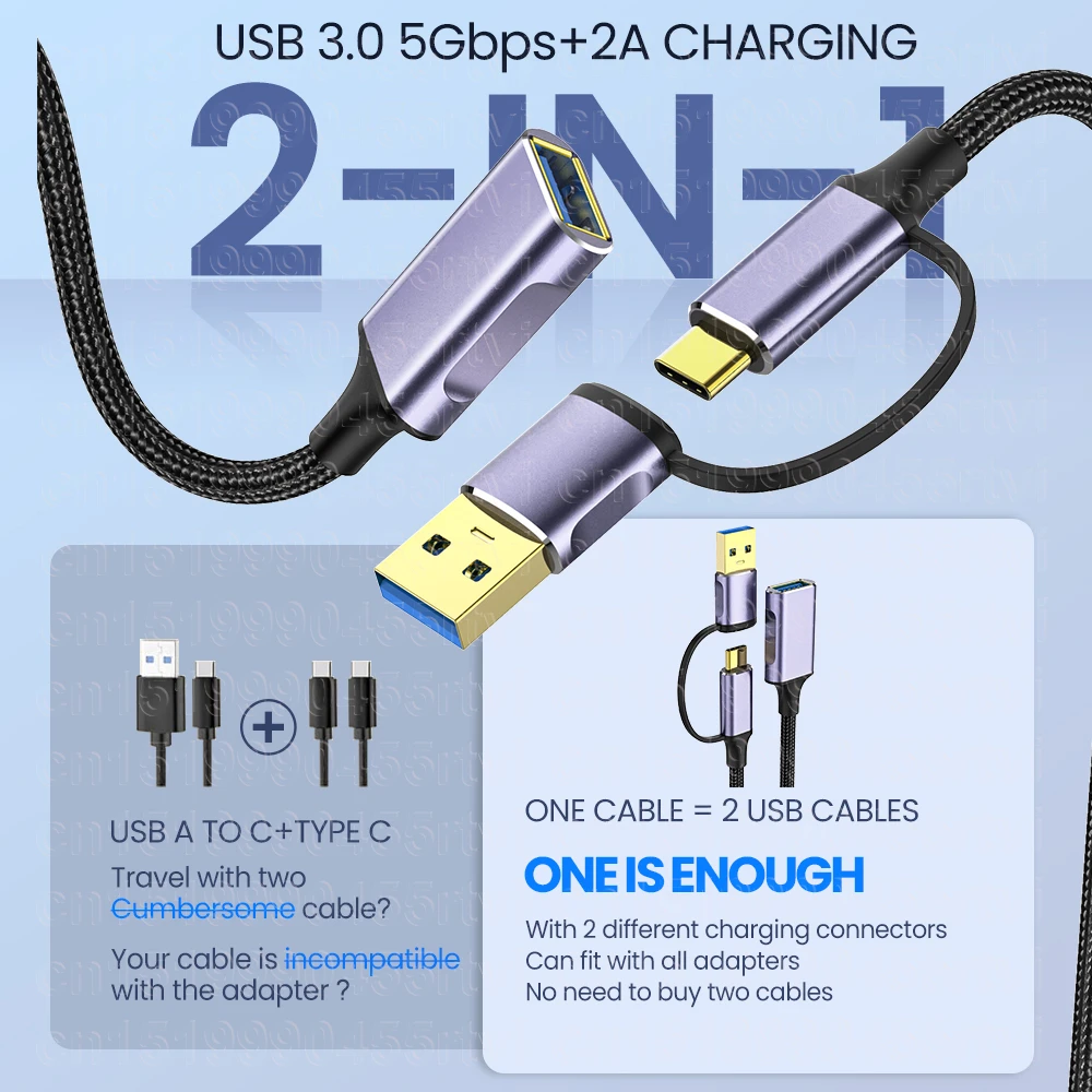 2in1 USB-A/Type-C to USB3.0 Cable USB Extension Cable Male to Female USB3.0 Extender Cord for PC TV USB Extension Data Cable 2m