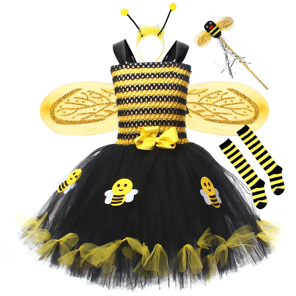 Girls Summer Sleeveless Multiple Styles Cute Cartoon Bee Mesh Tutu Dress For Halloween Masquerade Insect Party Stage Performance