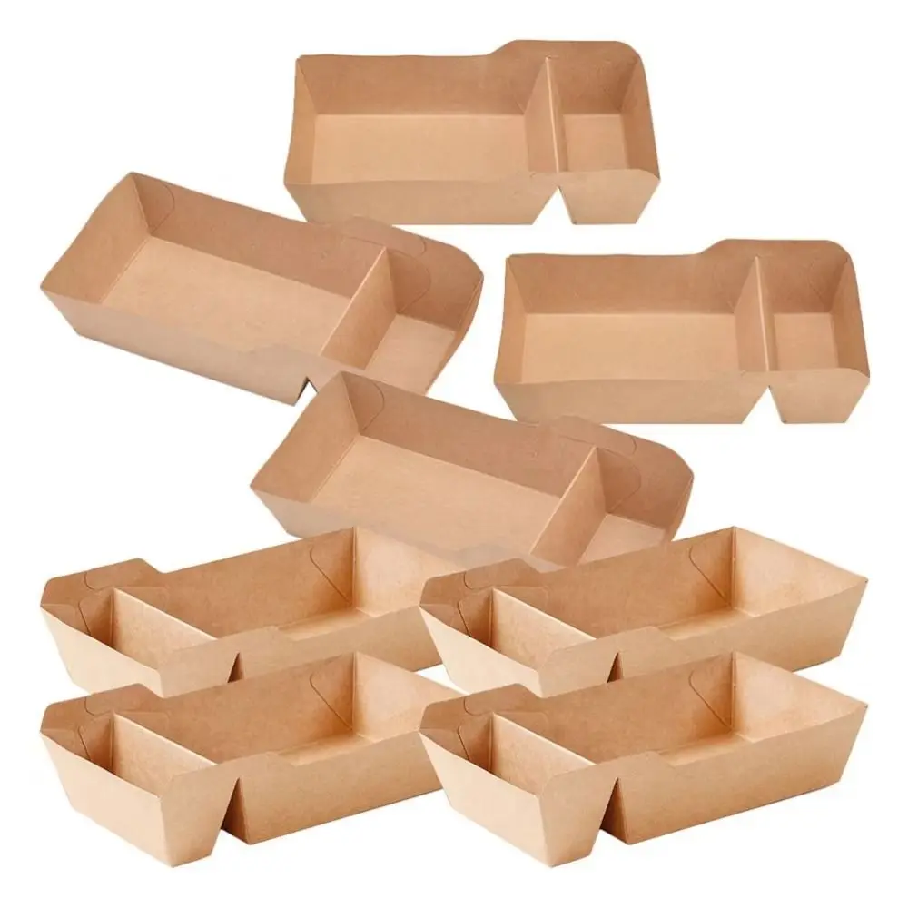 50Pcs Two Grids Disposable Food Serving Tray Eco-Friendly Heat Resistant Kraft Paper Snack Box 320/440/520ML Capacity with Film