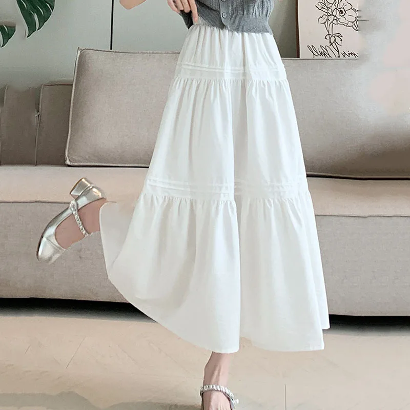 Summer Casual White Long Skirts Women Korean All-Match High Waisted Midi Skirts Ladies Elegant Patchwork A-Line Pleated Skirt