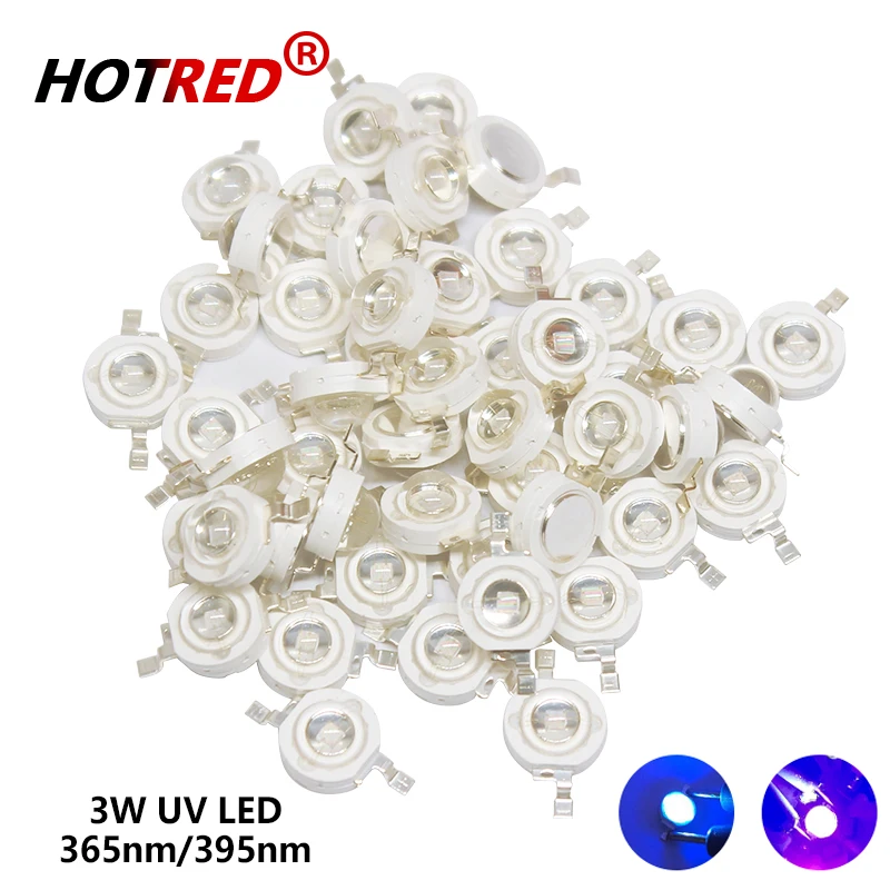 

100-1000pcs 3W UV LED Ultra Violet Color Purple Lamp Chips 360nm 365nm 370nm 395nm 400nm High Power Light Beads For Curing DIY