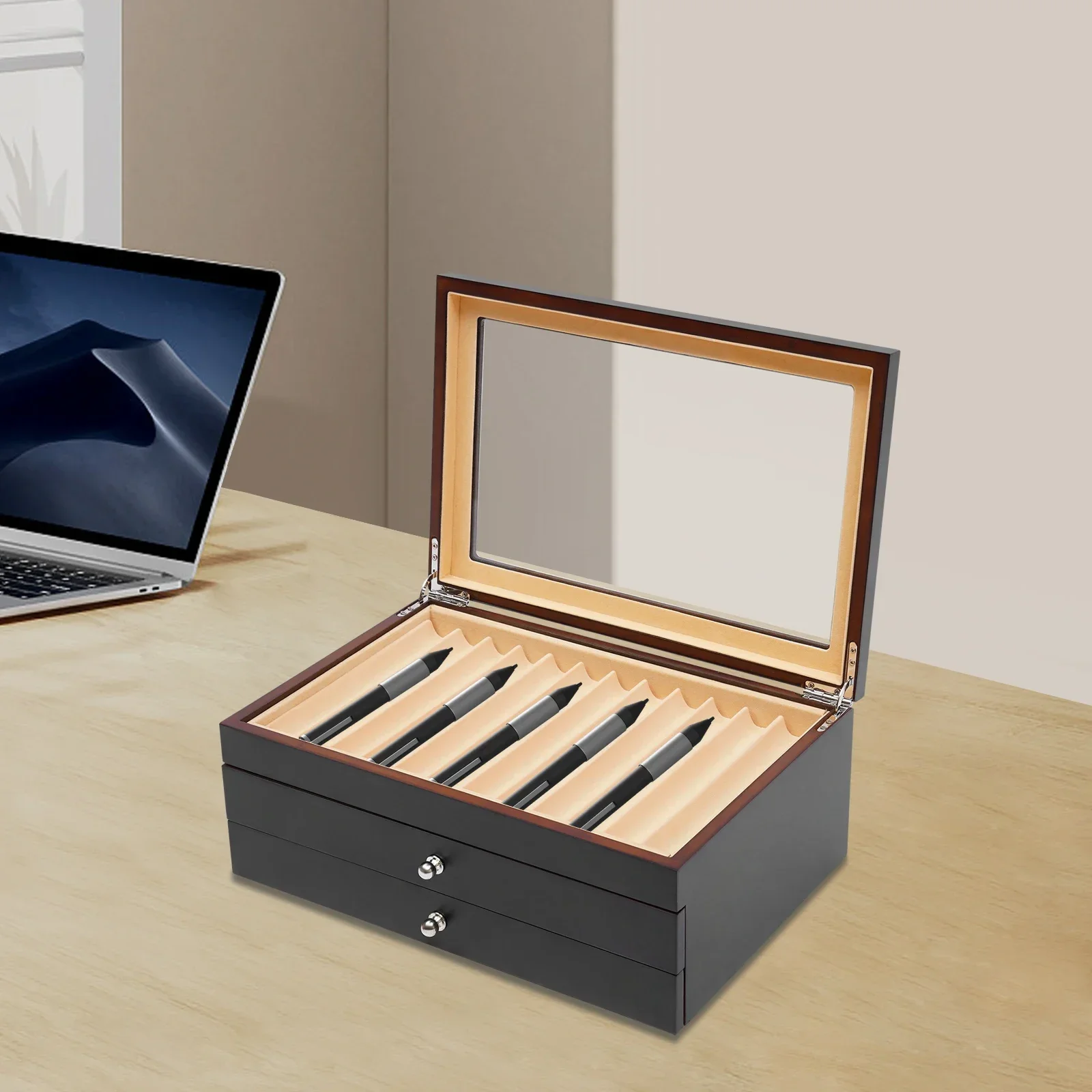 

3-слойная деревянная витрина, коробка для хранения перьевых ручек с витриной, 34 ручки, пишущие инструменты, коробка для сбора карандашей