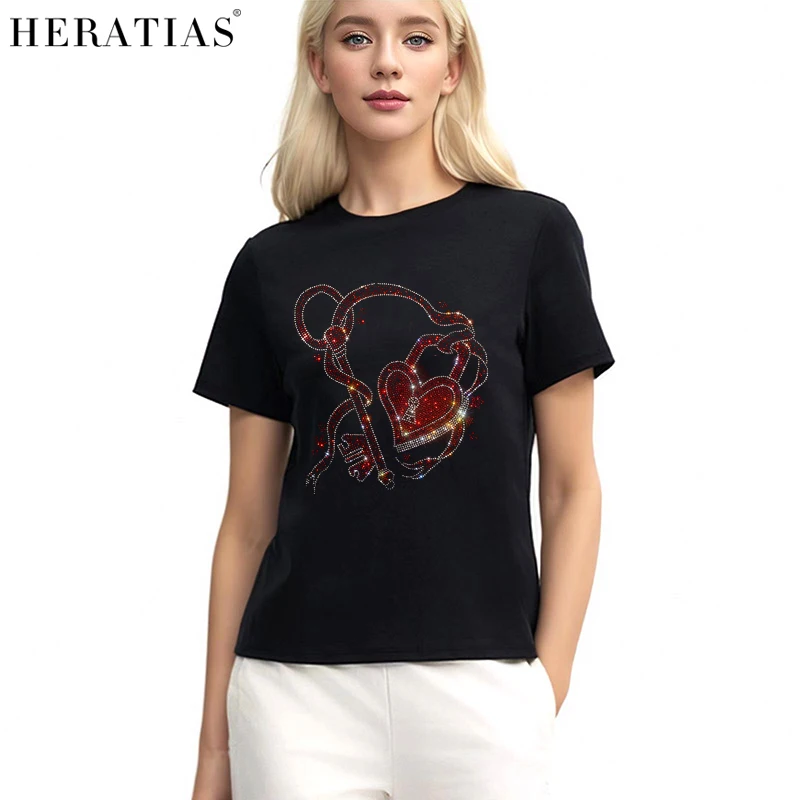 High quality ladies summer casual short-sleeved T-shirt Creative love lock diamond T-shirt S-4XL