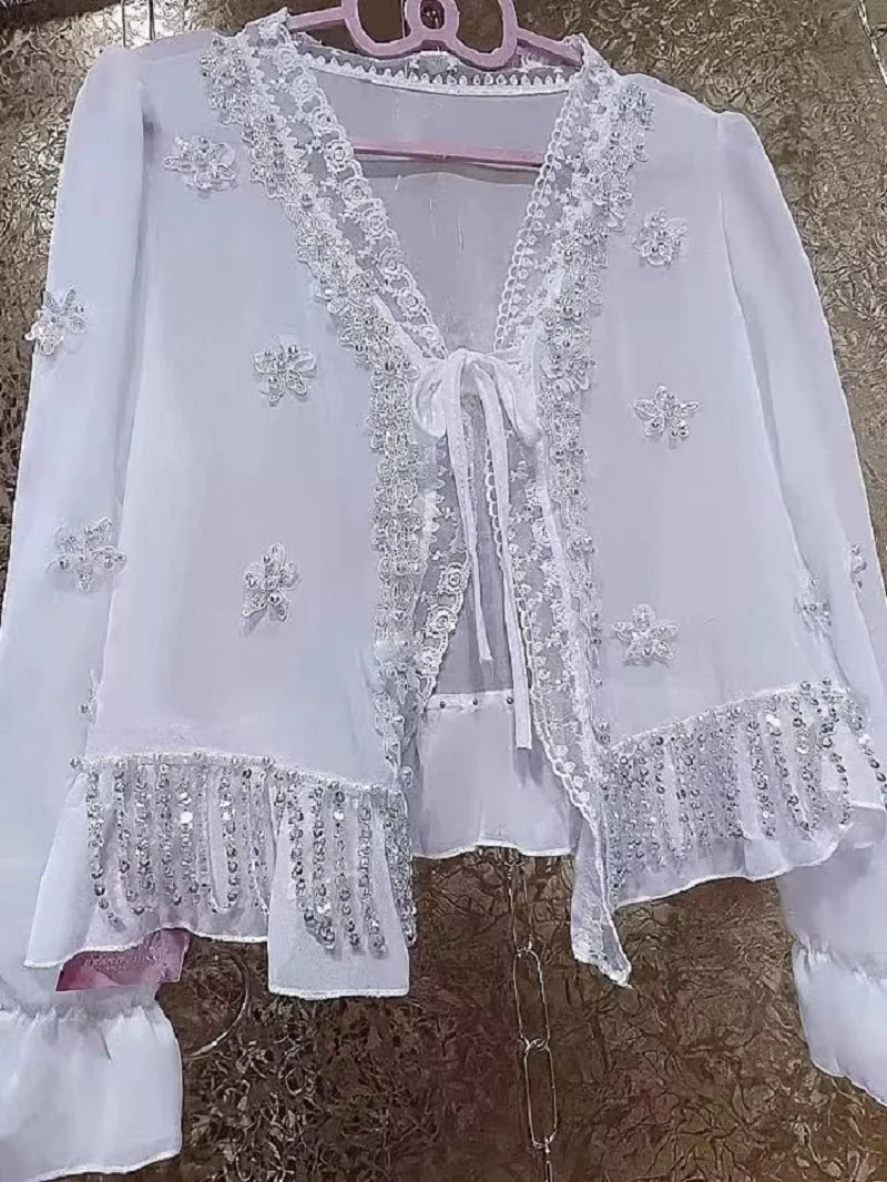 

Короткие рубашки с блестящими кристаллами и кисточками из бисера и цветами, блузки, женские солнцезащитные топы с длинными рукавами, кардиган, популярная корейская одежда