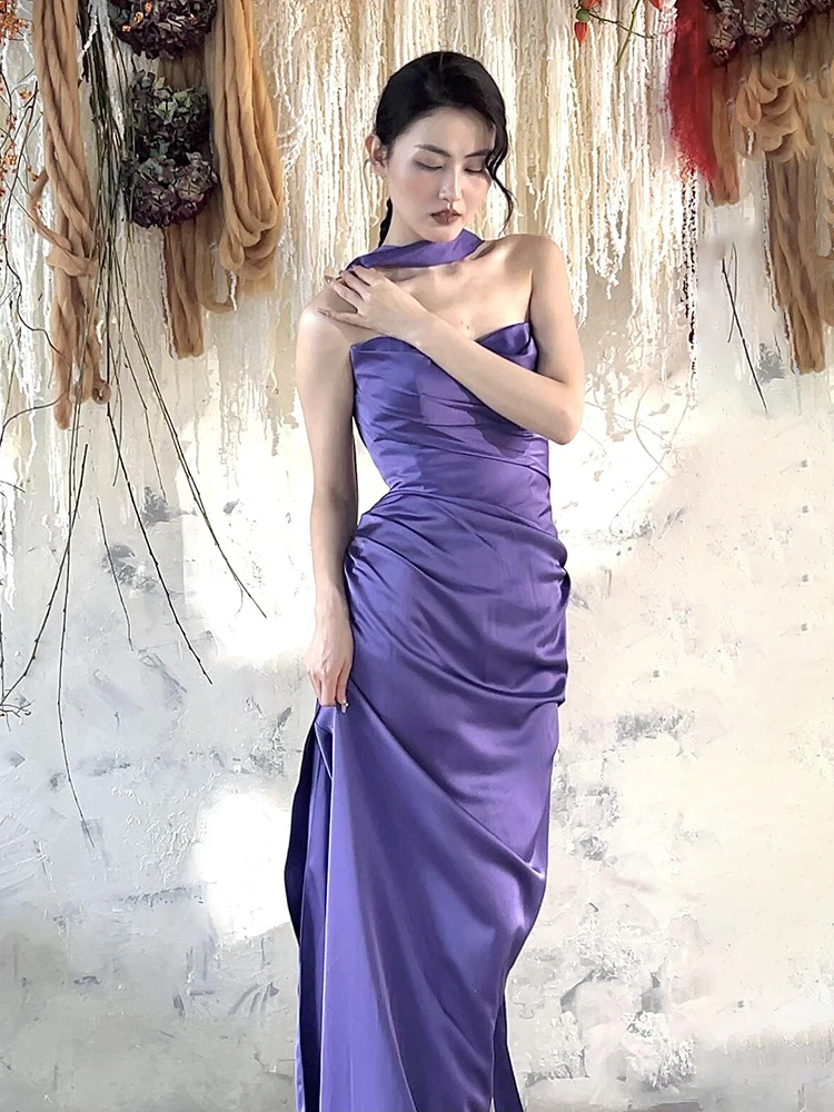 ชุดราตรีผ้าซาตินสีม่วง ชุดพิธีกรงานเลี้ยง ชุดเจ้าบ่าว ชุดเจ้าสาวสไตล์เกาหลี ซิปด้านหลัง กระโปรงยาว ชุดงานแต่งงาน
