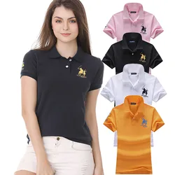 Polo de manga corta de alta calidad para mujer, camiseta informal de caballo grande con solapa, Tops ajustados de algodón a la moda, novedad de verano