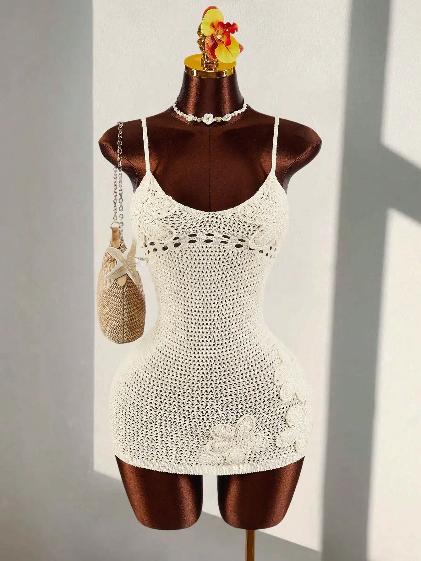 

Crochet Mini Dress Sheer Floral Slip Dress Vacation Beach Dress