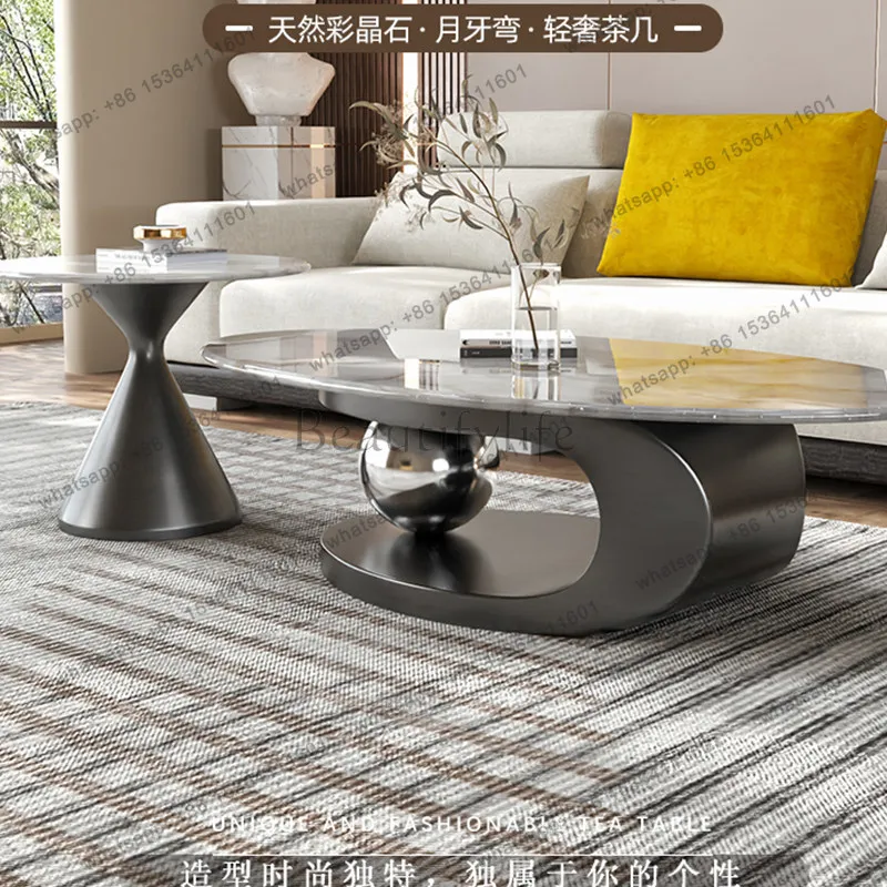 Light luxury natural marble crystal stone metal oval small apartment household coffee table combination