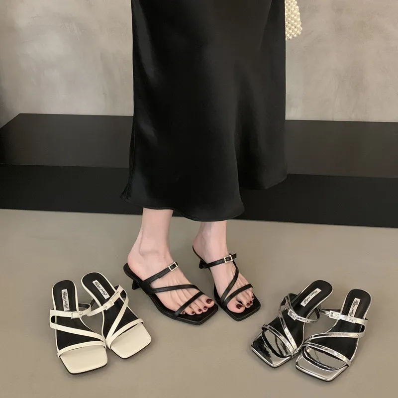 

Bailamos 2025 Summer New Brand Women Slipper Fashion Open Toe Slip On Slides Ladies Elegant Thin High Heel Dress Pumps Slides Mu
