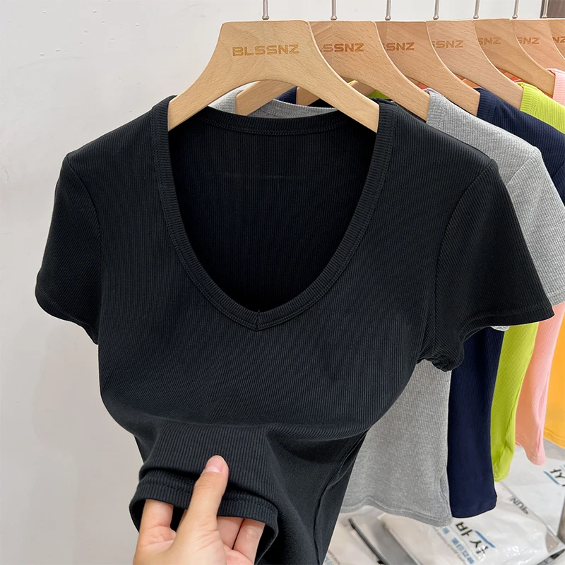 2025 Zomer Sexy Basic Crop Top Vrouwen Geribbelde Korte Mouw T-shirts Casual V-hals Solid Slim Fit Tee Vrouwelijke Y2K Tops kleding