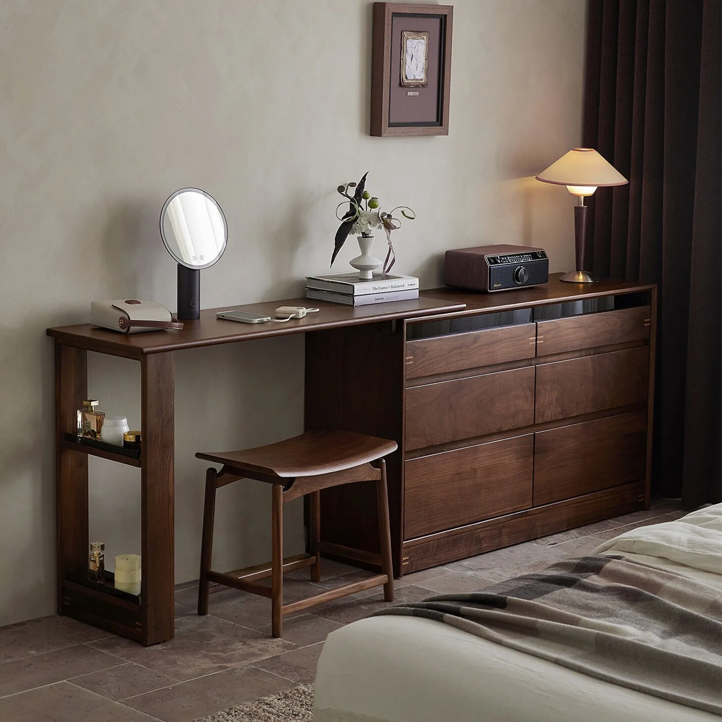 North American Black Walnut All-Solid Wood Dressing Table Chest Integrated Expandable Bedside Storage Cabinet