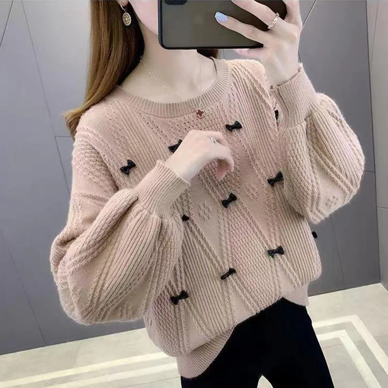 

Модный вязаный свитер с круглым вырезом и узлом, женский, свободного кроя, осенне-зимний, новинка, простой базовый фасон