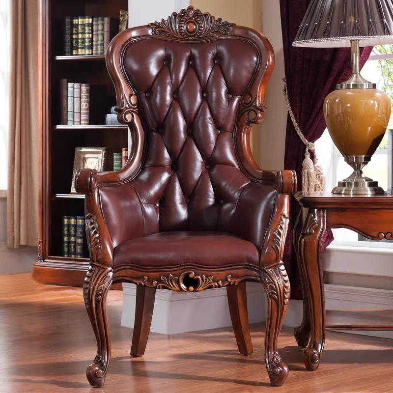 

Leather tiger chair sofa single book chair retro European solid wood office living room