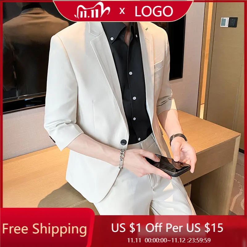 

2023 High-quality men's Korean version slim nine-point pants mid-sleeve suit suit short sleeve suit tide handsome two-piece set