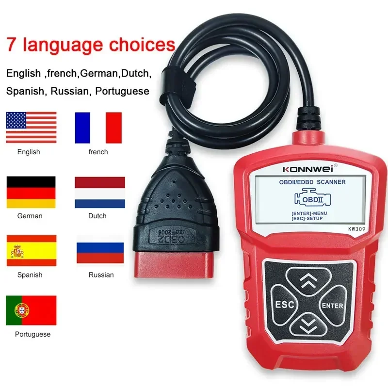 KONNWEI KW309 Car OBD2 Fault Diagnostic Tool 12V Code Reader O2 Sensor Monitoring Test I/M Readiness Car OBDII Scan Tool