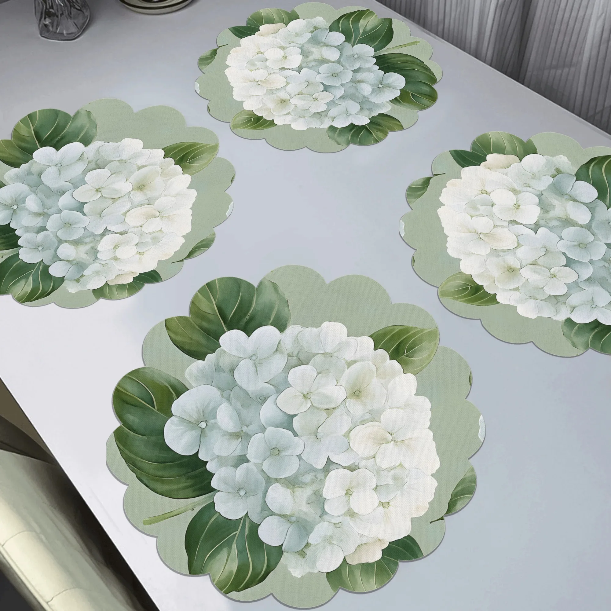 VIKAMA French Hydrangea Round Placemat Waterproof Oil-Resistant Easy to Clean Fresh Green  White Nordic Style Table Mat