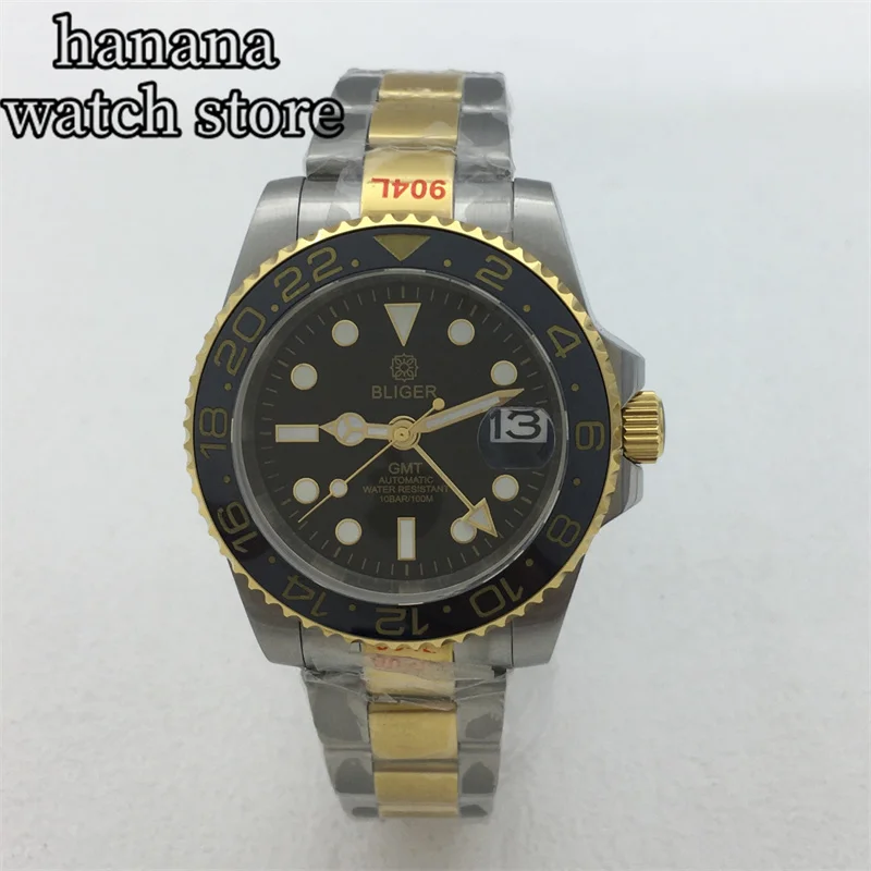 Мужские часы для дайвинга, механизм 40 мм GMT NH34, черный циферблат, зеленый светящийся браслет из нержавеющей стали, сапфировое стекло