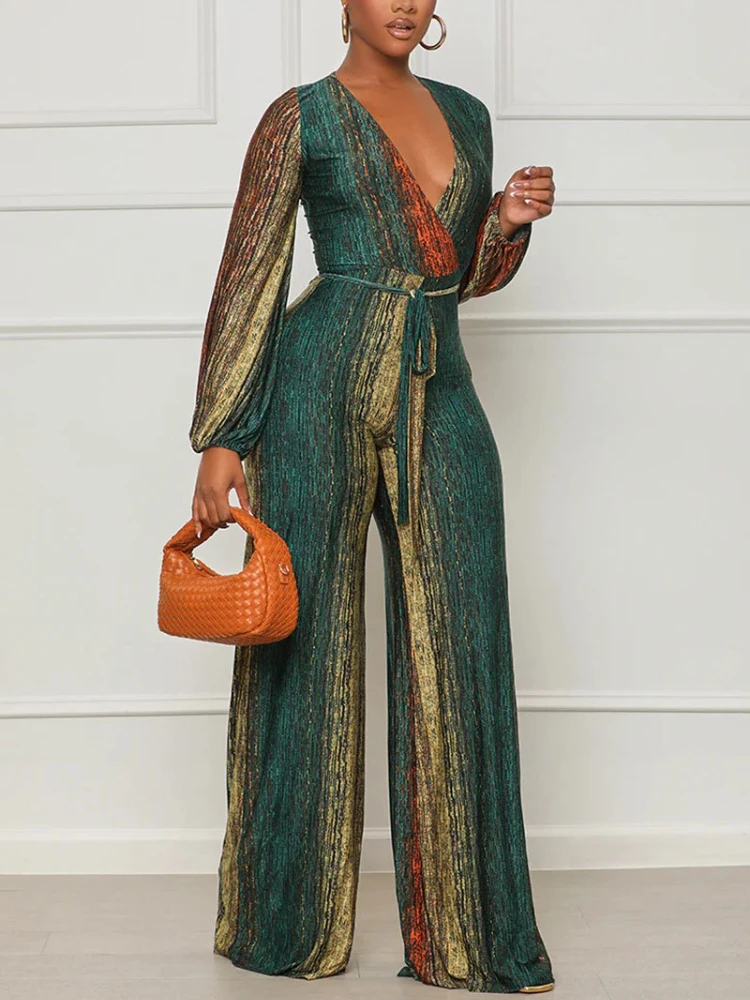 Printed Deep V Neck Lantern Sleeves Lace Up Wide Leg Jumpsuits Fall 2024 Stylish Office Club Party Chic Streetwear