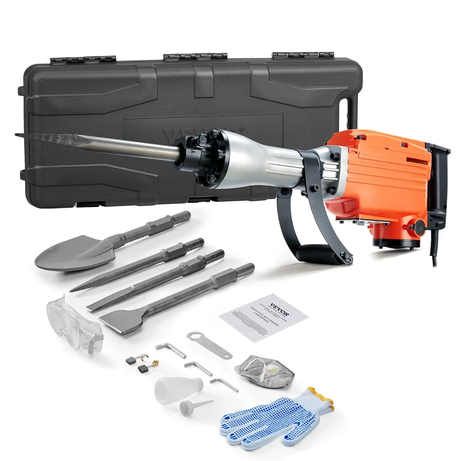 

Heavy-Duty Electric Demolition Jack Hammer, 2200W Power, 1400 BPM, Includes 4 Chisels and Case for Concrete Breaking