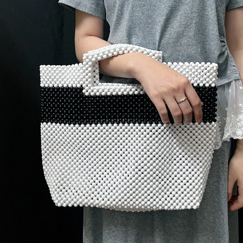 Simple Handmade Beaded Acrylic Tote Bag Fashion Large Capacity Contrasting Colors Women's Summer Beaded Handbag Evening Party
