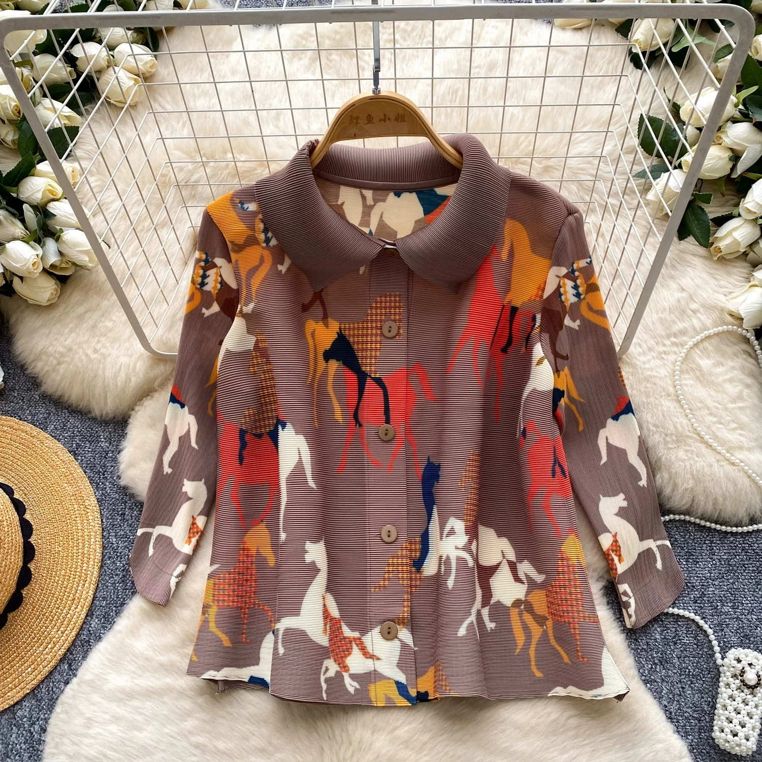 

Miyake Premium Pleated Shirt Animal Print Casual Loose Long Sleeve Cardigan Simplicity 2026 New Style Top for Women