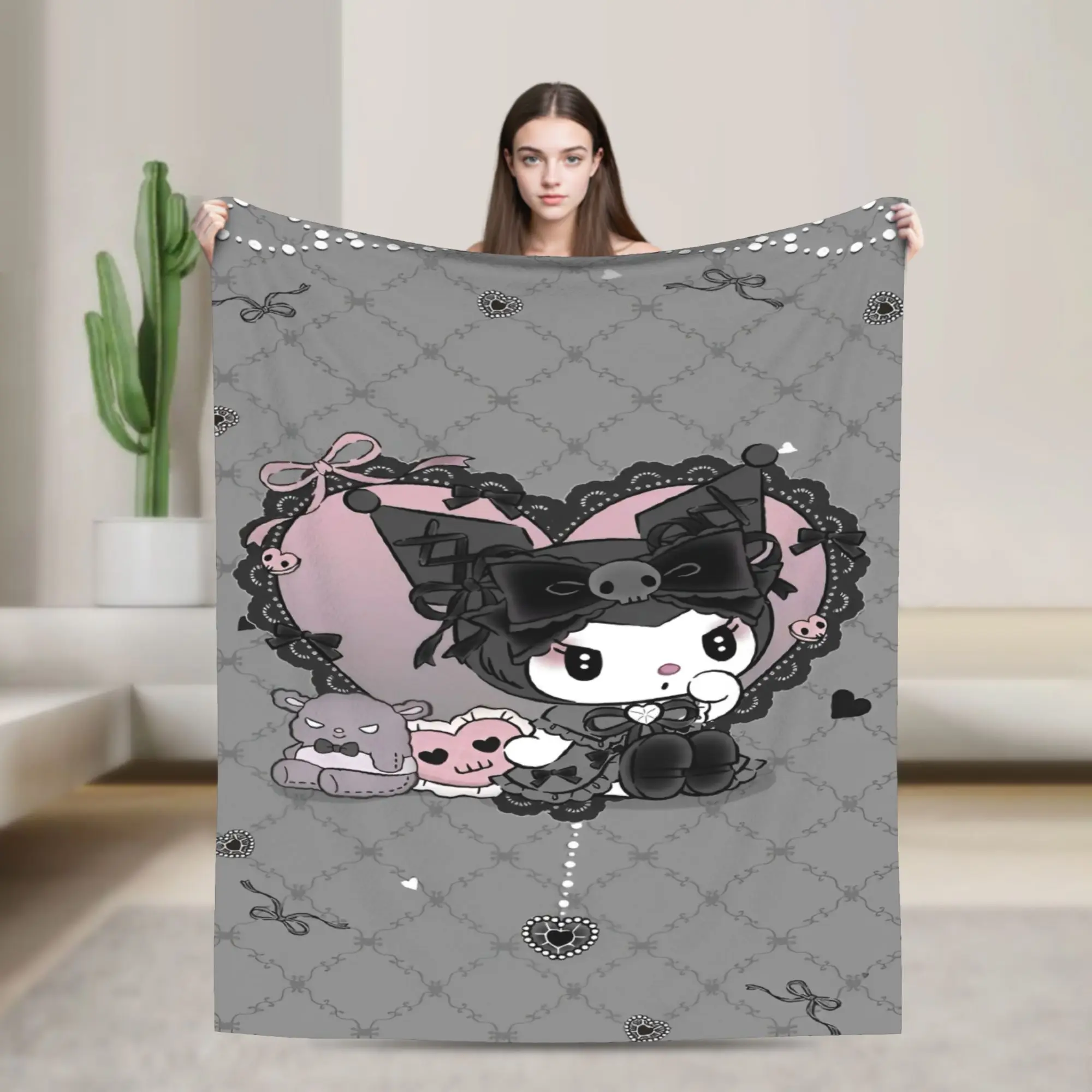 لطيف Kuromi Baku الكرتون بطانية الفانيلا مضحك الدافئة رمي البطانيات للمنزل مطعم الديكور #1