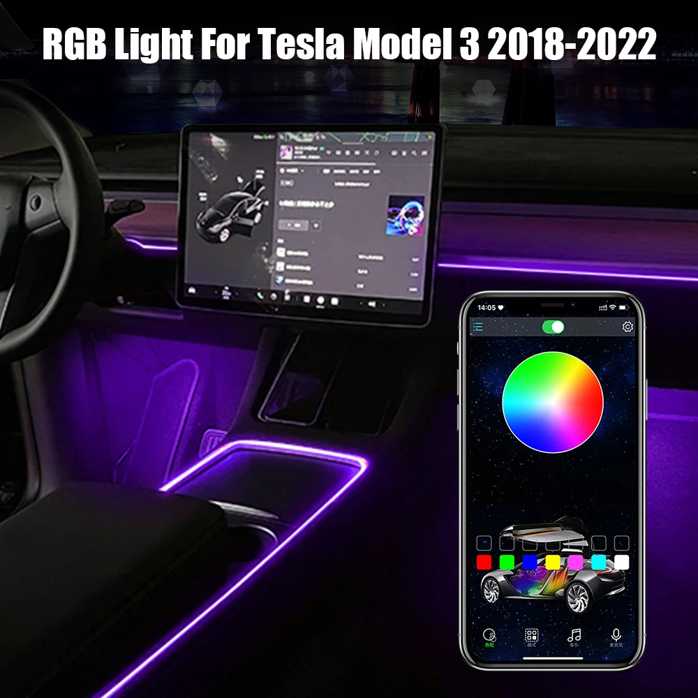 Atmosphere Lamp 64 Colors For Tesla Model 3 2018-2022 Car Foot Dashboard Console Ambient Light 2/5m LED Strips