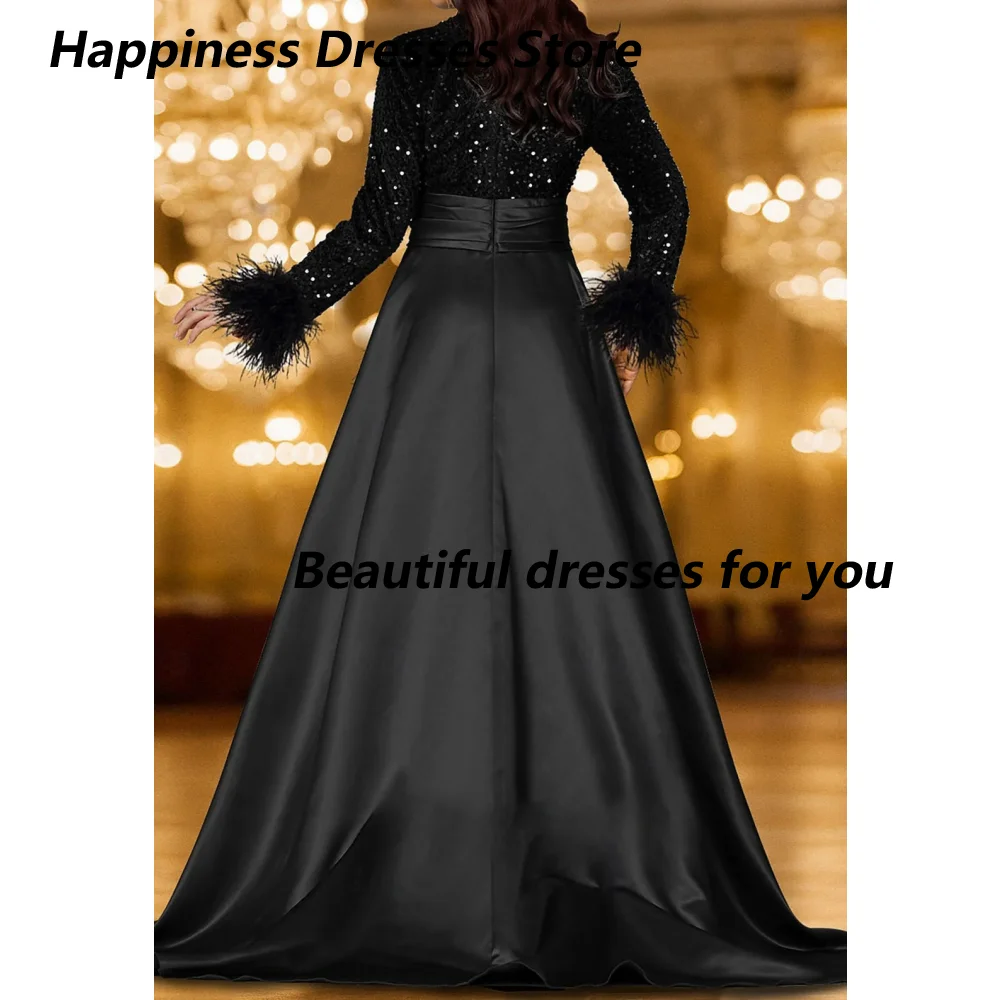 Customized Black V-Neck Mother Of Bride Dresses, Sequin Long Sleeve Feather Cuff Satin A Line Wedding Evening Maxi Gown