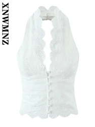 XNWMNZ 2024 Winter New Woman Elegant Halter Collar Waistcoat Vest Trendy Autumn Lady Sleeveless Gilet Hollow Out Regular Fit Top