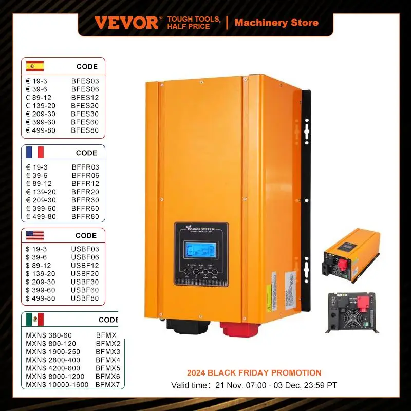 VEVOR Power Inverter 3KW DC 12V to AC 230V  Pure Sine Wave Off Grid LCD Display Built-in Battery Charger for Household Appliance