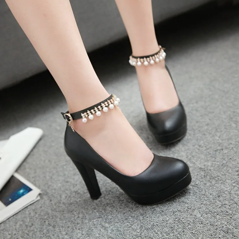 Four Season High Heels for Women White Wedding Party Ladies Pumps Ankle Hook Chunky Platform Mary Jane Black Office Dress Shoe image 4