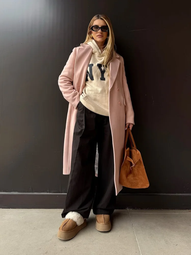 

Милое розовое шерстяное пальто с длинными лацканами, женская модная однобортная куртка с длинными рукавами, женская новинка 2025 года, повседневная повседневная уличная одежда