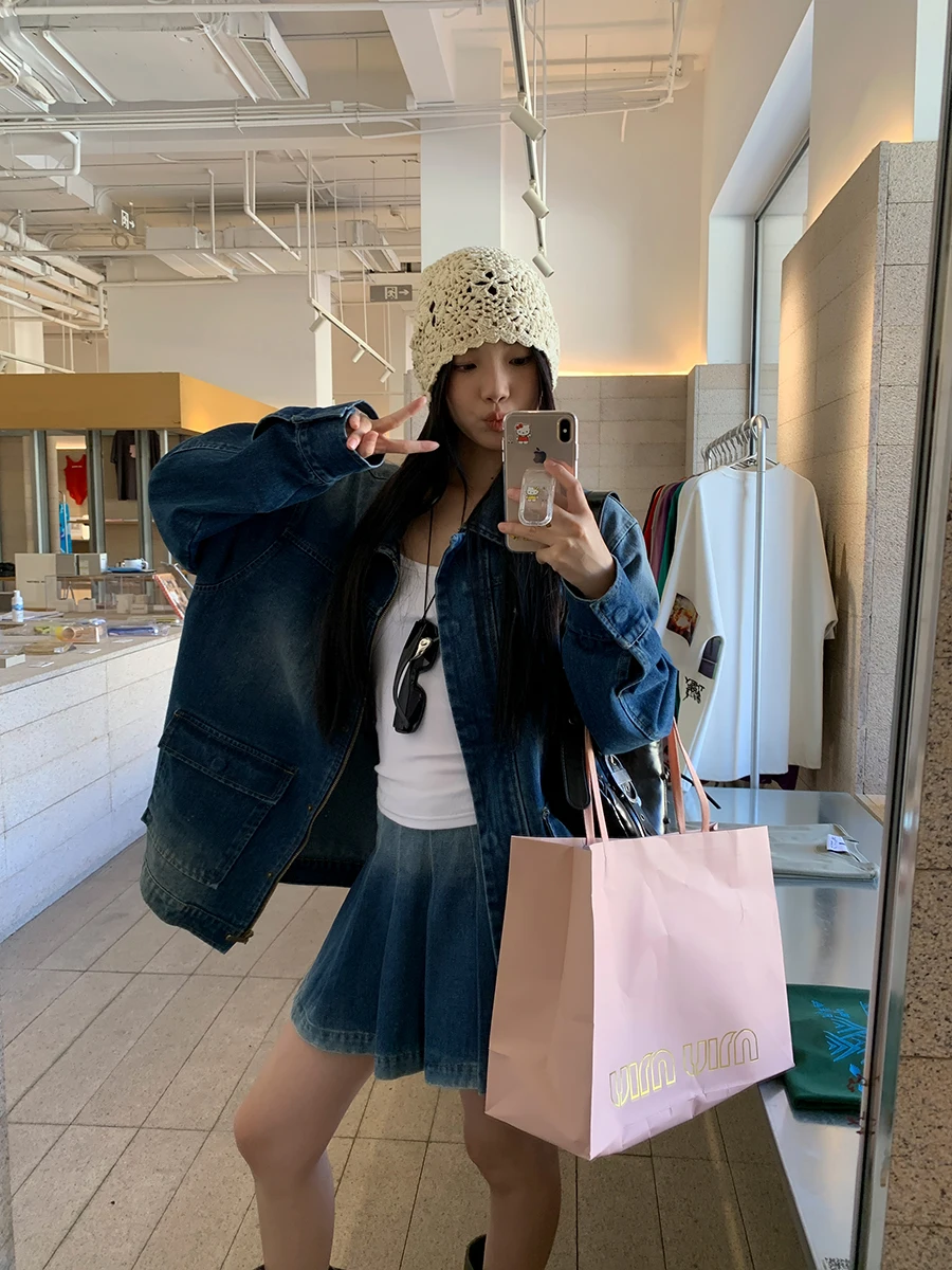 

Женский джинсовый джинсовый джинсовый джинс Red Celebri, новинка 2025, осенний повседневный супер красивый корейский универсальный комплект из двух предметов для похудения