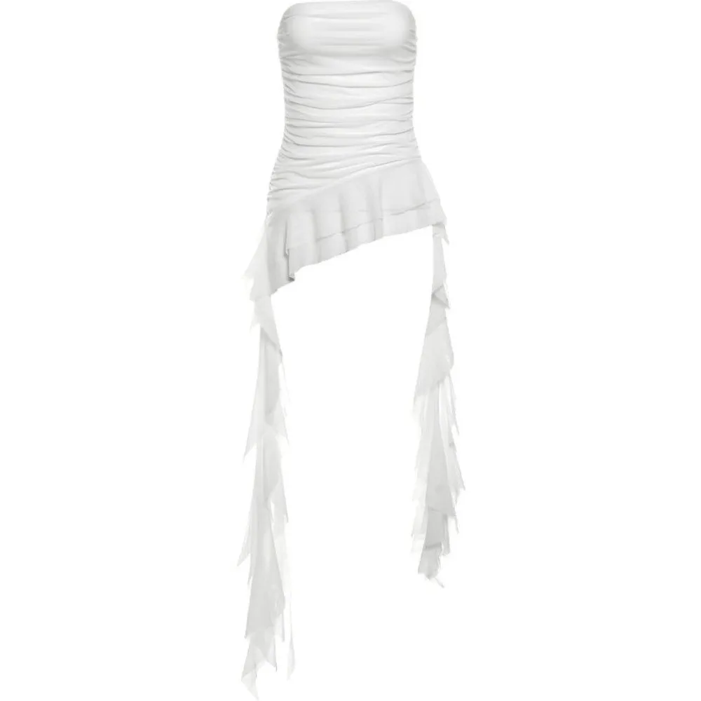 Trendy Stretchy Irregular Ruffle Dress Tassel Design Ruched Style Strapless Top All-match Elegant Tube Dress Party Occasion