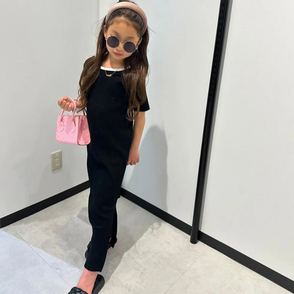 Girls Dress Spring and Autumn New Korean Version Casual Short Sleeved Knitted Small Fragrant Style Long Skirt Fashionable