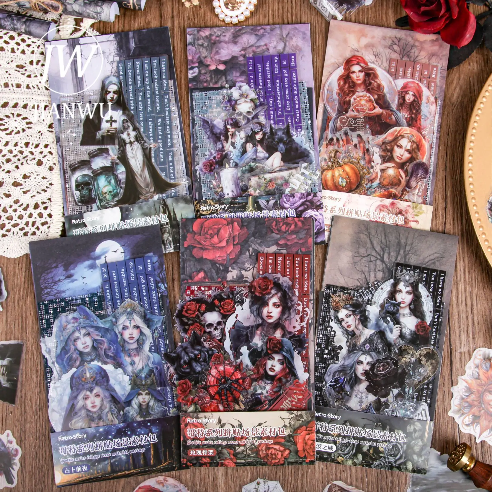 JIANWU Gothic Series Vintage Dark Flower Character Landscape Collage Scrapbooking Material Creative DIY Junk Journal Stationery