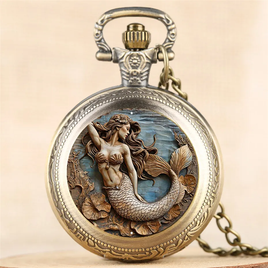 Reloj de bolsillo Vintage fresco sirena elegante reloj exquisito con collar cadena amantes Masculino Relogio mejor regalo colgante pequeño