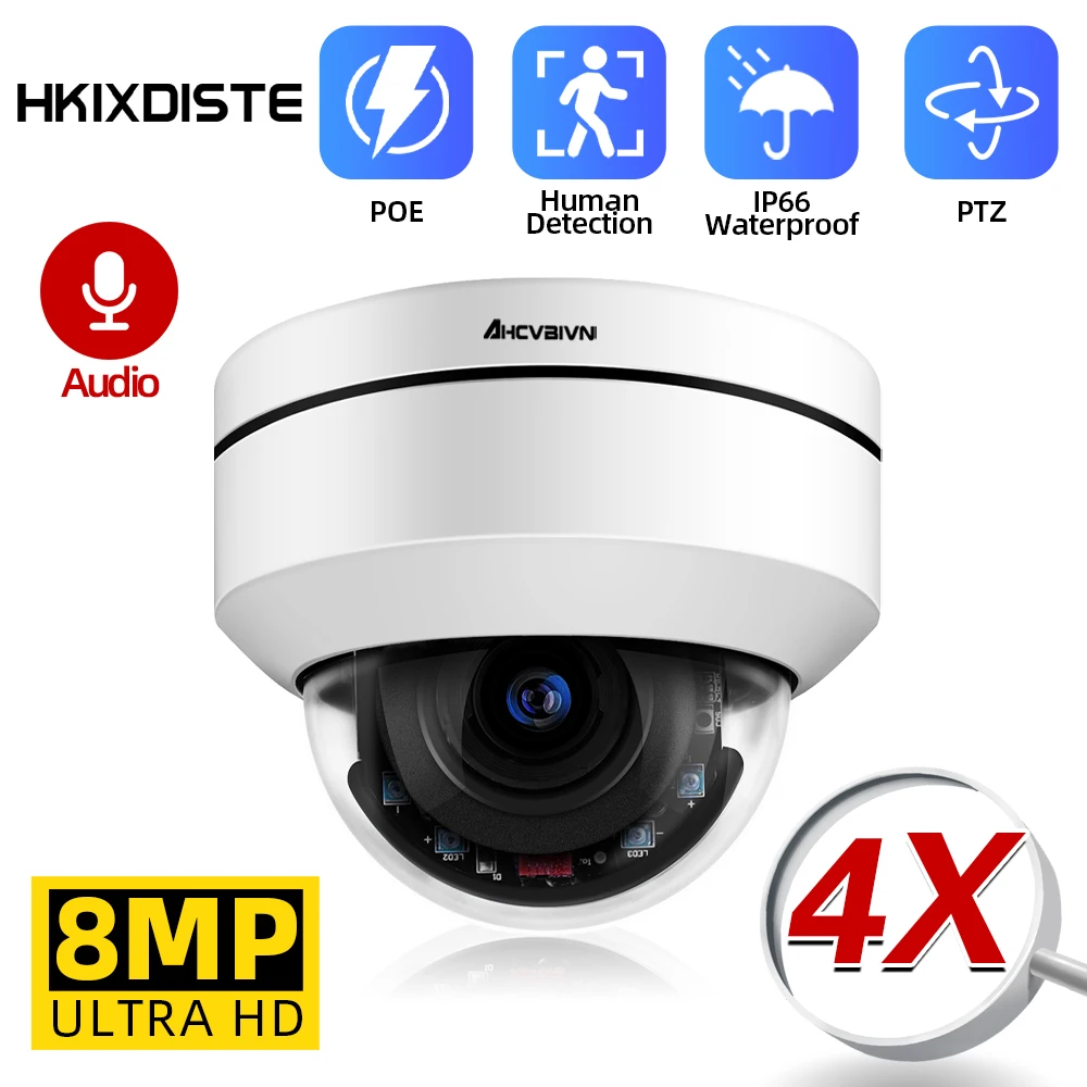 

Human Detection 4K CCTV POE Security Camera 4X Zoom Indoor Outdoor 8MP PTZ IP Dome Camera Video Surveillance System Cam P2P