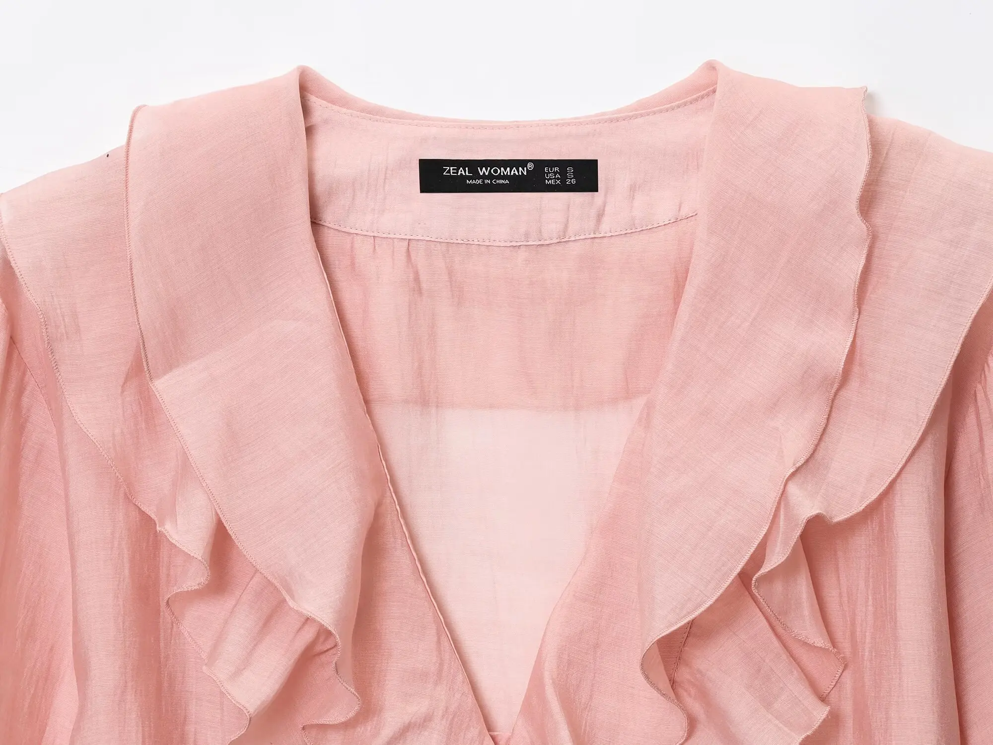 HH Französischer Stil Rosa Rüschenbesatz Bluse Damen V-Ausschnitt Knopfleiste Chiffon Elegant Sommer Urlaub Strand Business-Kleidung – Detail 5