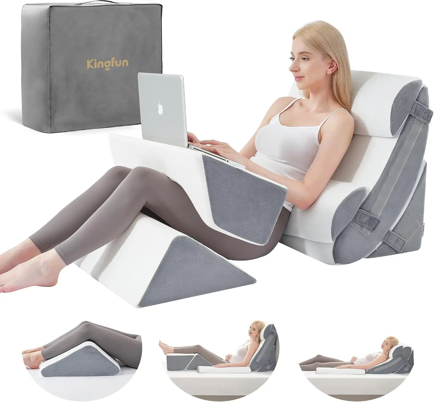 Kingfun 6PCS Orthopedic Bed Wedge Pillow Set for Headboard, Post Surgery Memory Foam Support Pillows for Back, Neck and Leg Pain